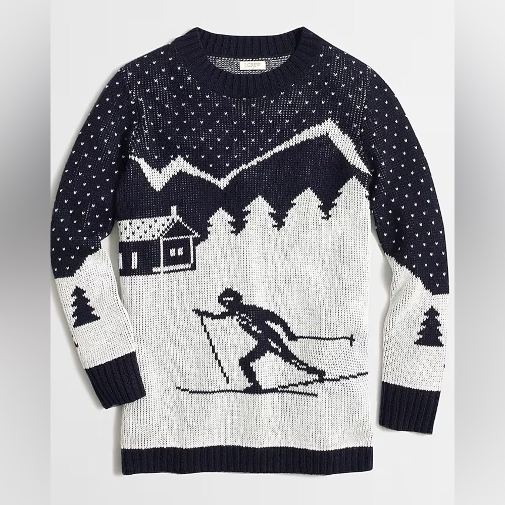 j crew intarsia apres ski mountain merino wool blend navy white crewneck sweater